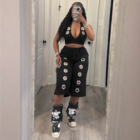 Eyelet Detail Two-Piece Pant Set