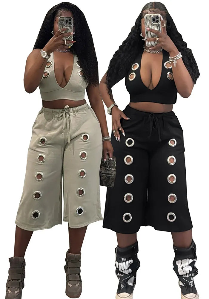 Eyelet Detail Two-Piece Pant Set