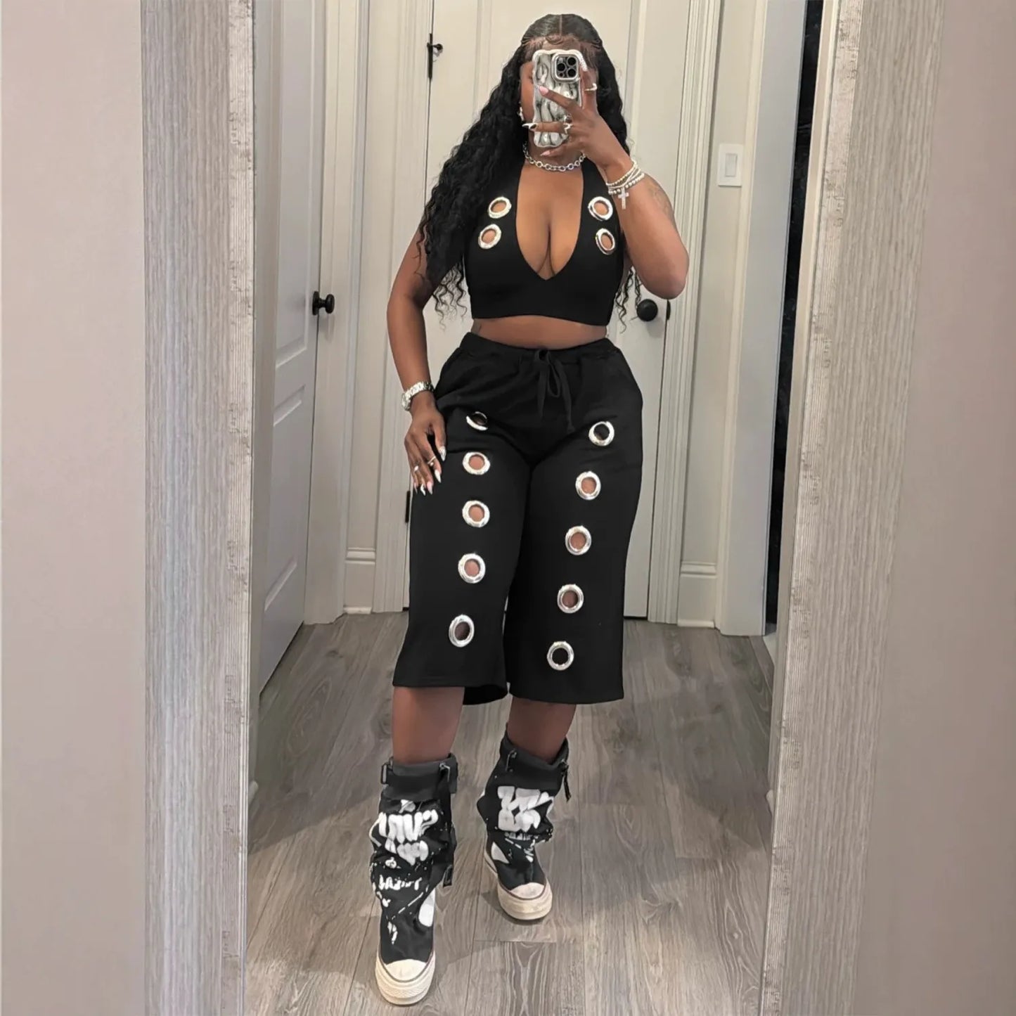 Eyelet Detail Two-Piece Pant Set