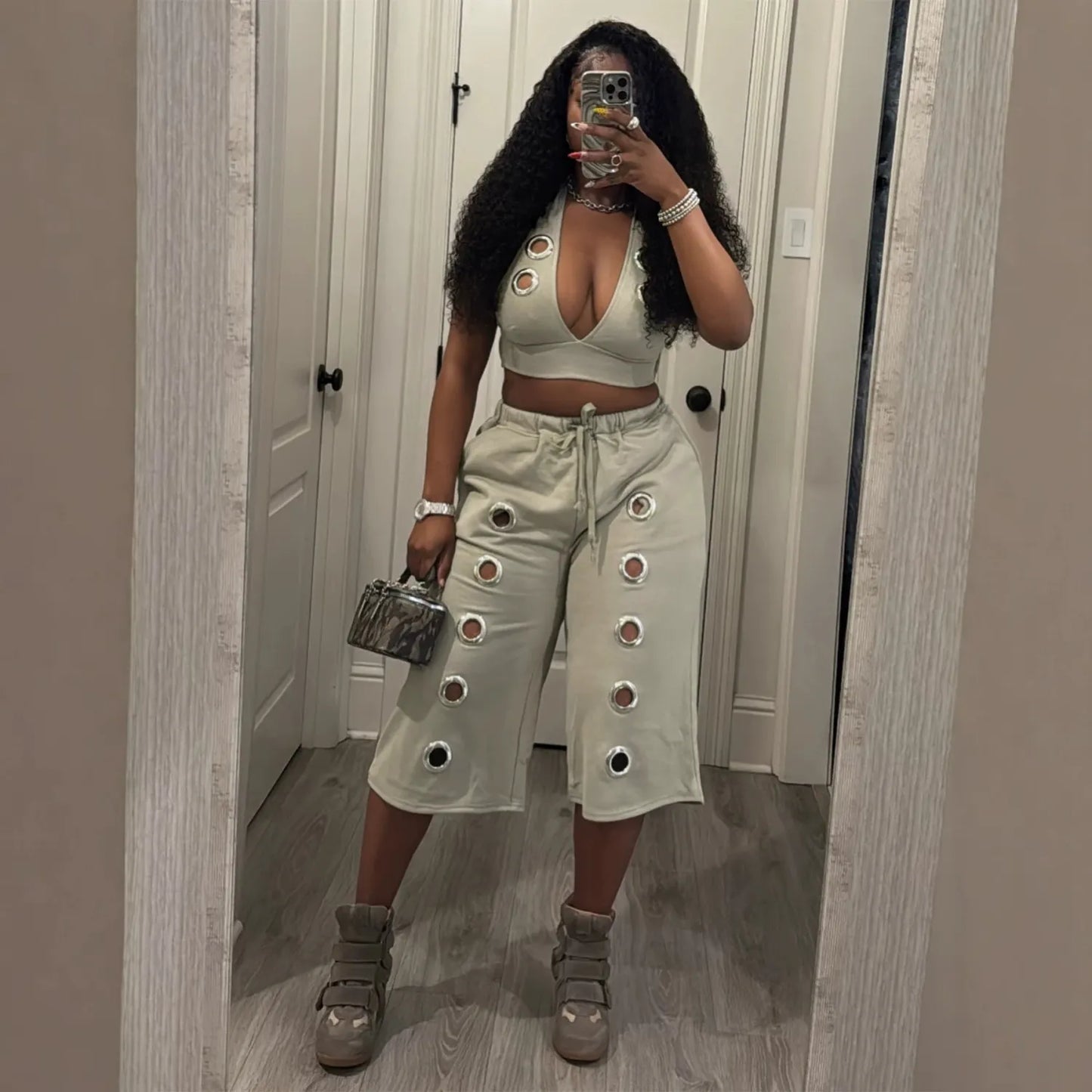 Eyelet Detail Two-Piece Pant Set